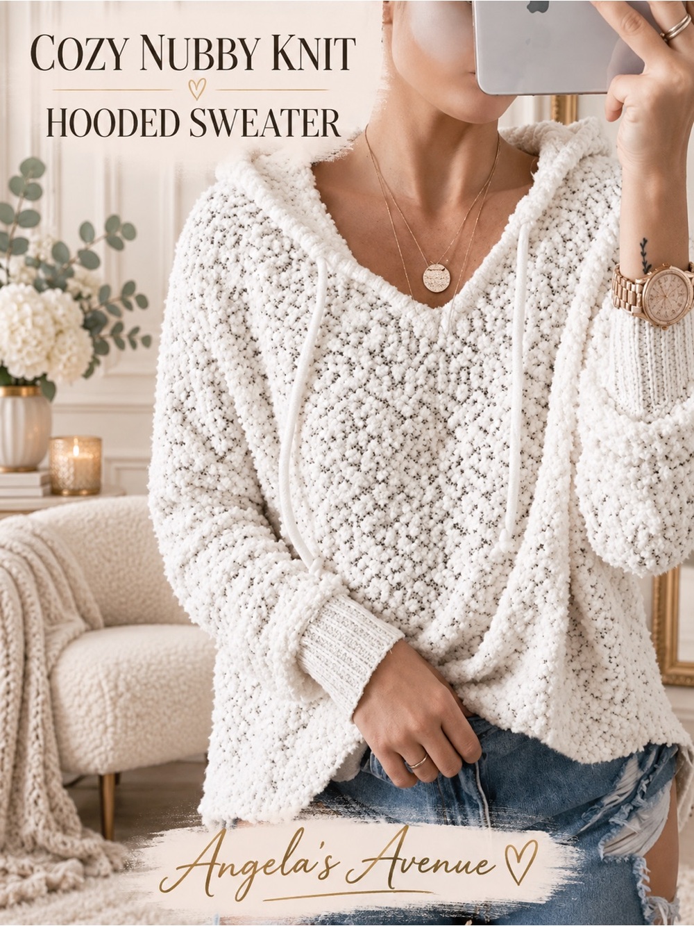 Cozy Nubby Knit Hooded White Sweater NEW